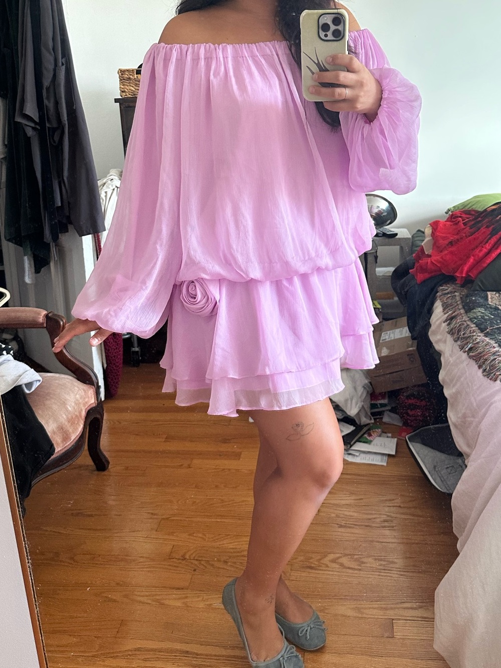 BHLDN Lilac Off-Shoulder Chiffon Mini Dress
